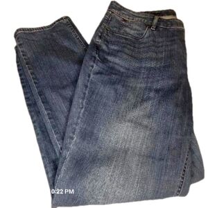 TALBOTS, Med. Blue wash, straight leg, 5 pocket jeans w/sandblasting. Sz. 16W
